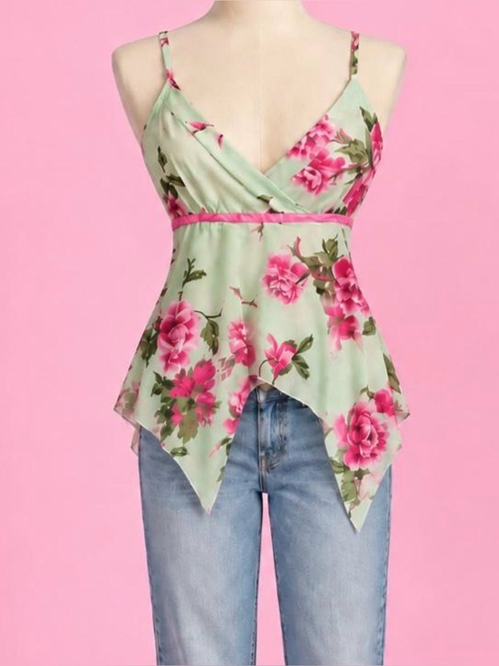 Vintage Judy Knapp floral handkerchief hem cami fairy top 🌸 fits Large
